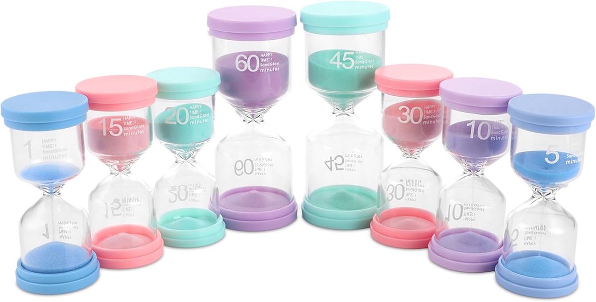 Zandloper set 8 stuks - Macaron kleuren - 1/5/10/15/20/30/45/60 minuten - Verbeter focus en concentratie - ShopVlot