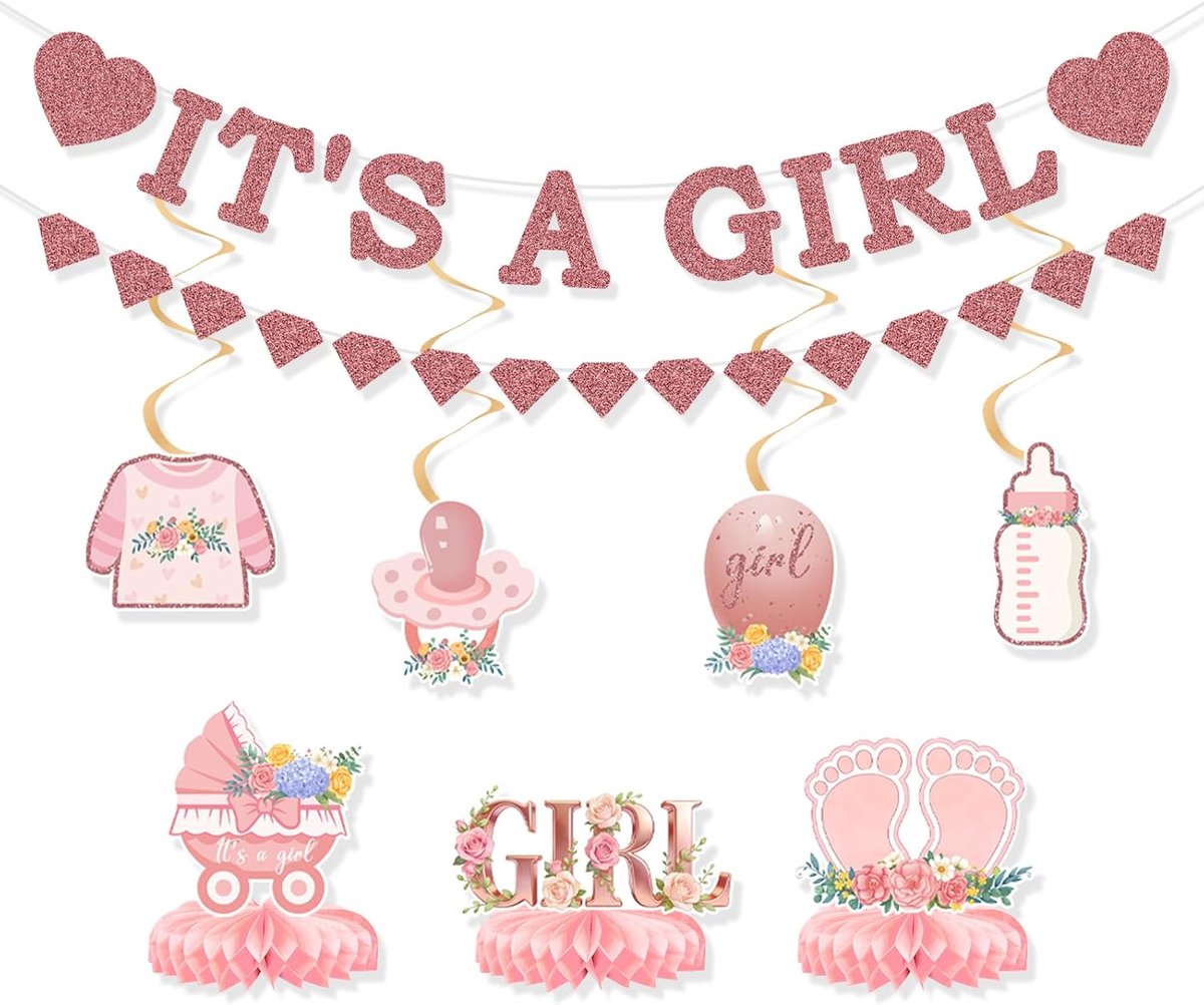 SnelShoppen - 9-delige Roze en Roségouden Babyshower Decoraties voor Meisje, Hangende Garlands met Cirkel en Punt voor Zwangerschapsaankondiging en Fe