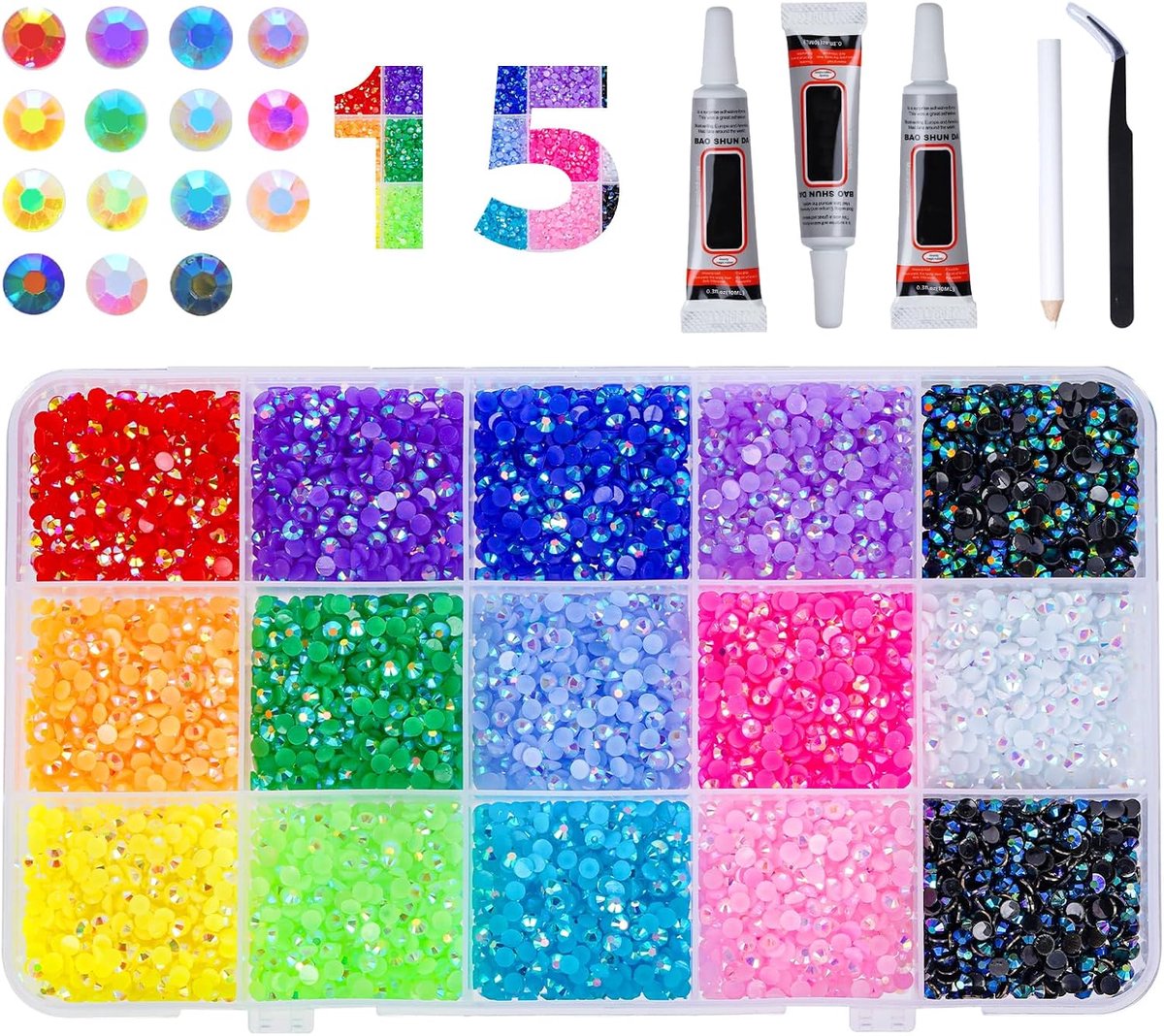 Rhinestones set van 12.000 stuks - 15 kleuren - 3 mm resin steentjes - perfect voor nageldecoratie - SnelShoppen