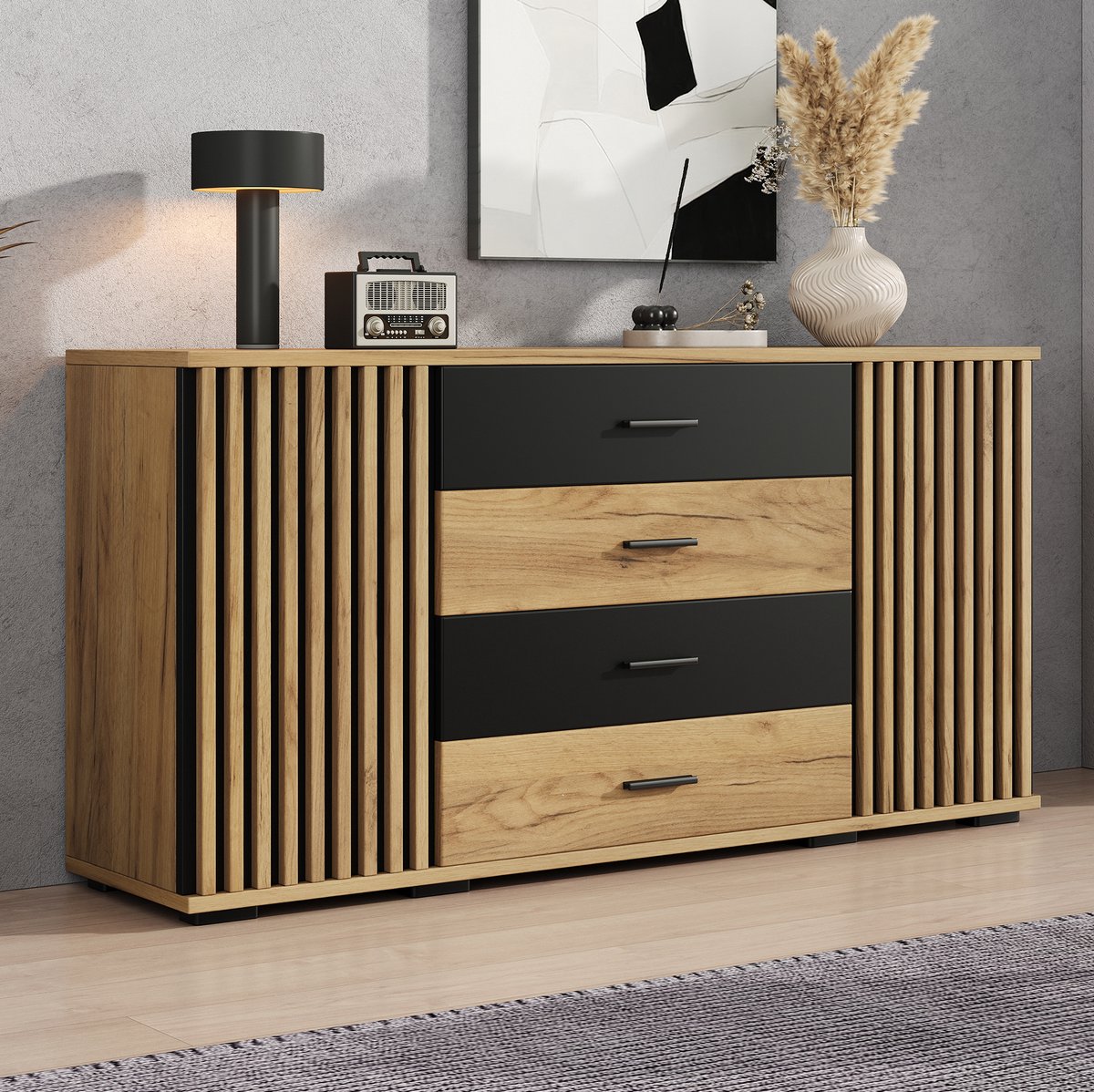 STILVORA Dressoir - 4 Lades En 2 Deuren Met Verstelbare Planken - Voor Woonkamer Eetkamer En Hal - MDF - 140x35x70 Cm - Zwart;Eiken