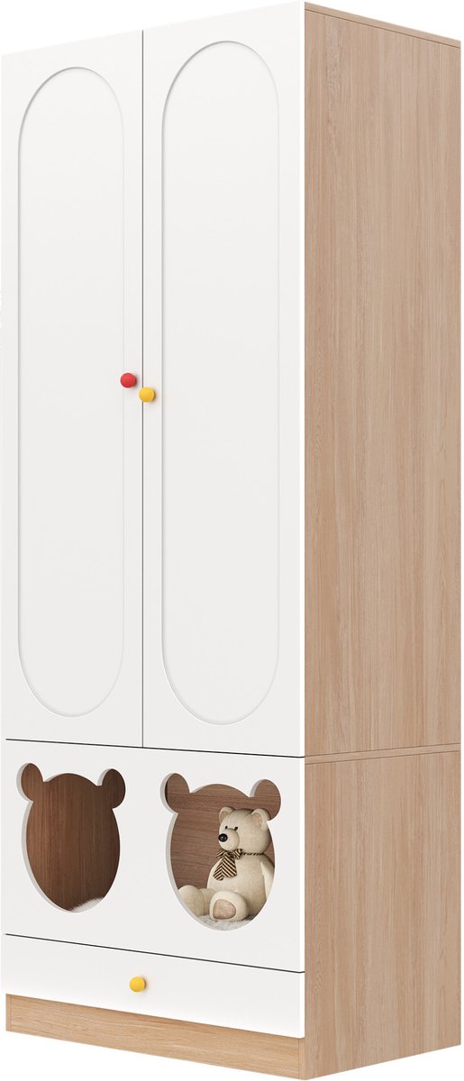 MODENUIT Kinderkledingkast - 2 Deuren Met Kledingstang En Lades - MDF - Natural+White - 80x50x200 Cm