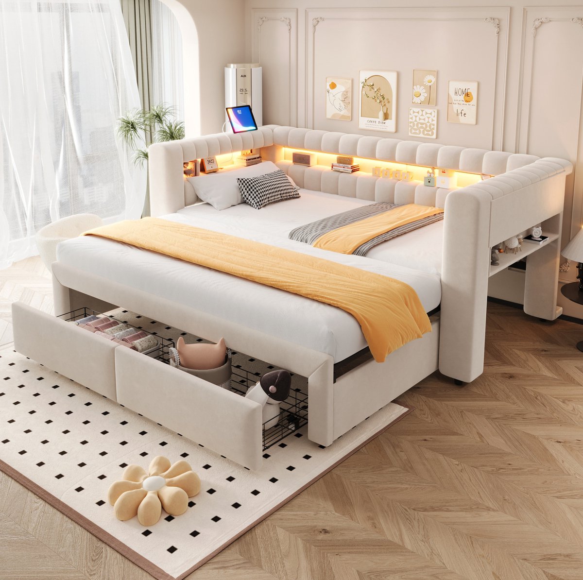 STILVORA Slaapbank 90x190 cm – Uitschuifbaar tot 180x190 cm met LED en USB Type-C – Opbergruimte en 2 Lades – Velours – Beige – Zonder matras