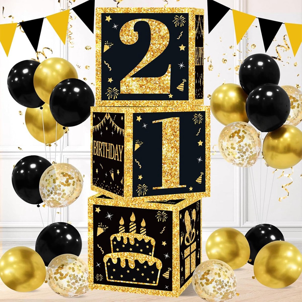 21e verjaardag decoratie set - 3 stuks zwart goud - feestelijke boxen - voor een onvergetelijk feest - SnelShoppen