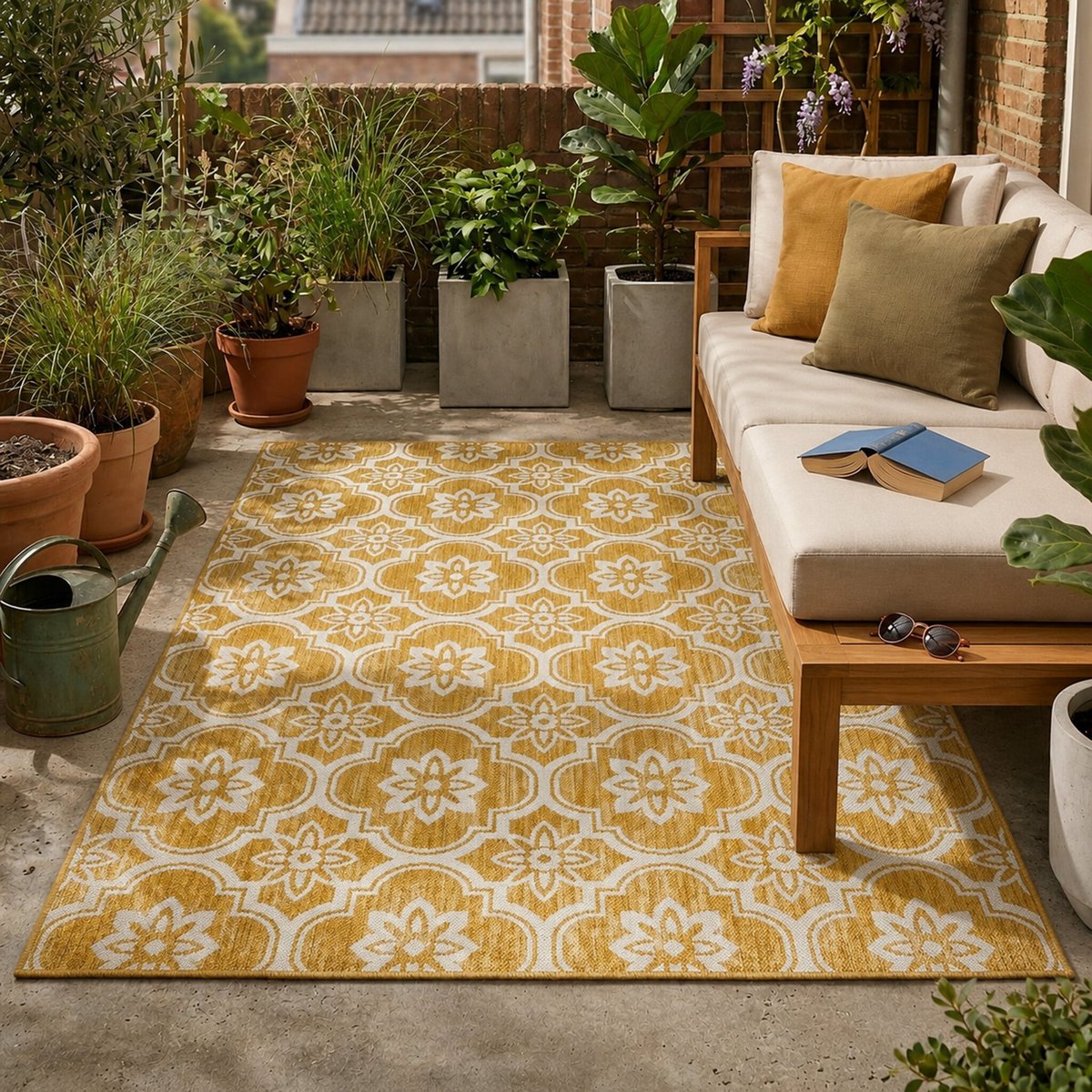 Fraai Buitenkleed - Rio Flower Geel - 140x200cm