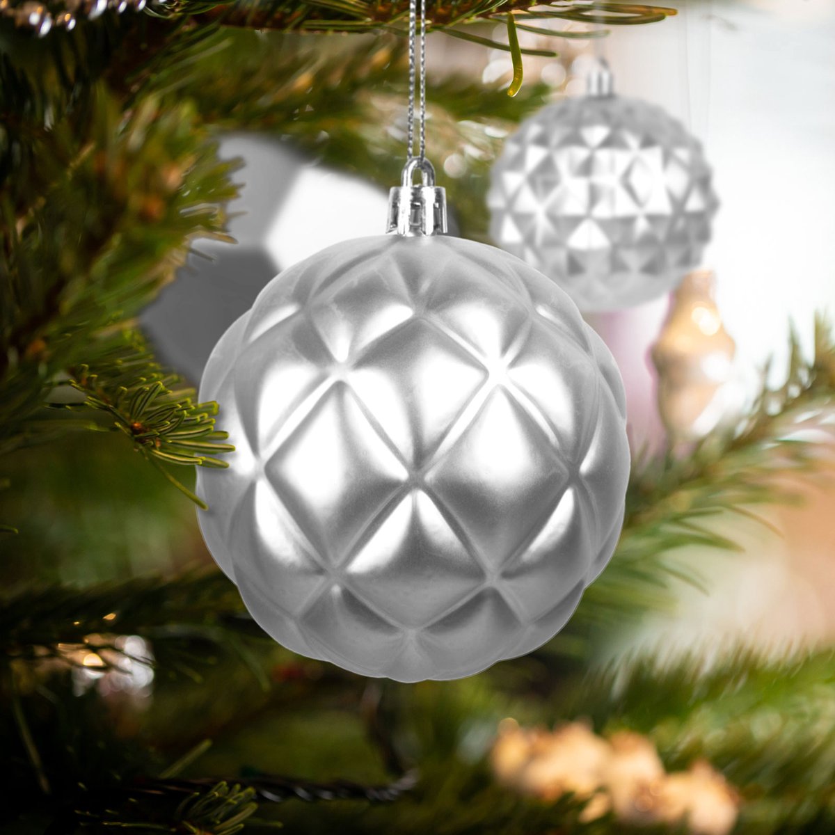 Kerstdecoratie - Zilveren kerstballen Ø73 mm - 6 stuks in unieke vormen - [58762B]