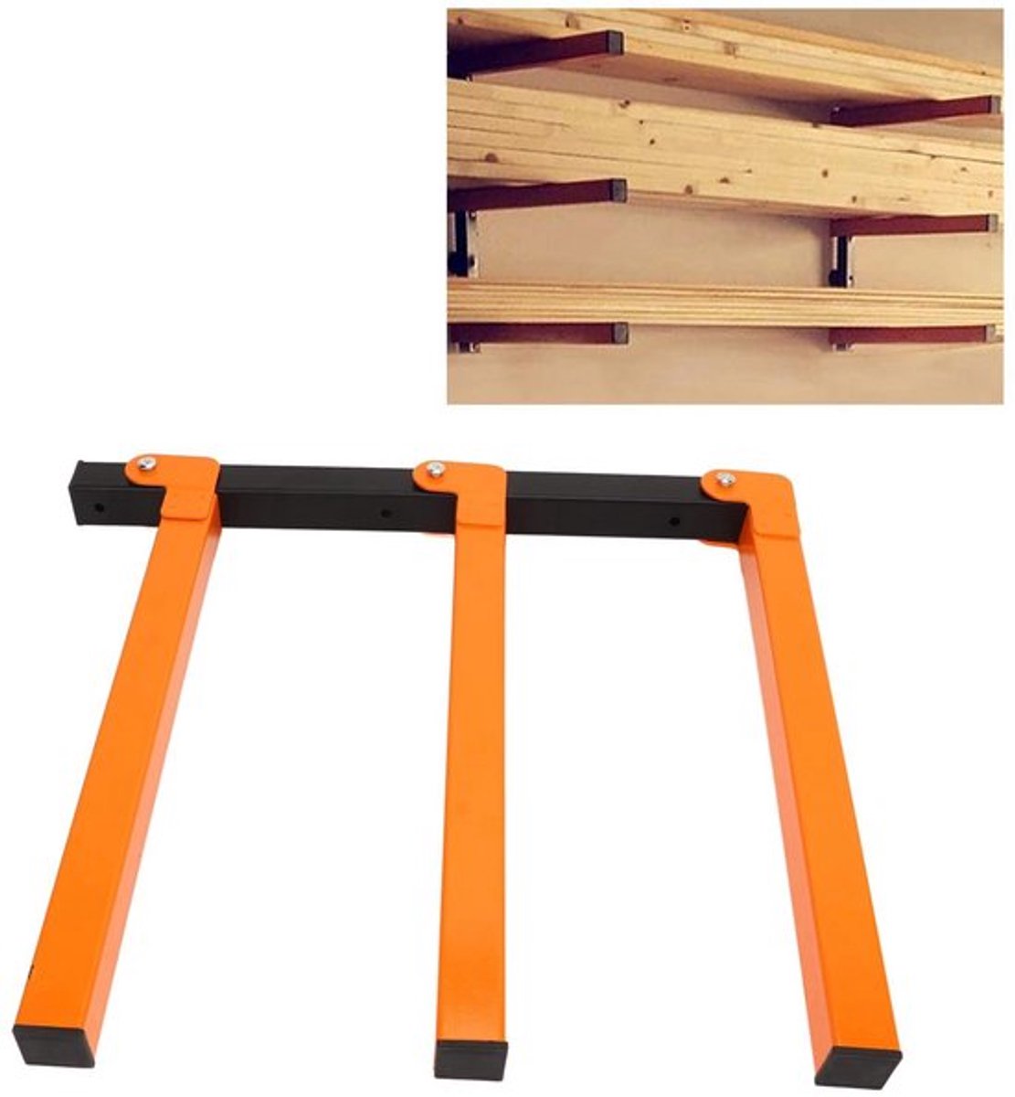 Houten Rek met 3 Niveaus en Metalen Constructie - 4 Stuks Wandmontage Opbergrek, Organizer voor Werkplaats, Binnen en Buiten - Capaciteit 1200 kg
