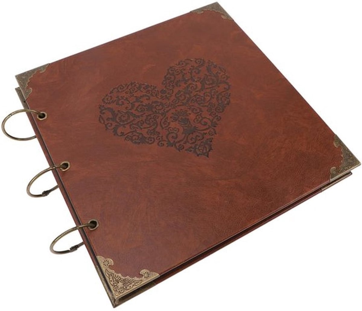 Leren Losbladige Fotoalbum met Ijzeren Binding, Doe-het-zelf Plakboek voor Herinneringen, Grote Capaciteit, Zwarte Kaartpagina's (Hartvorm patroon)