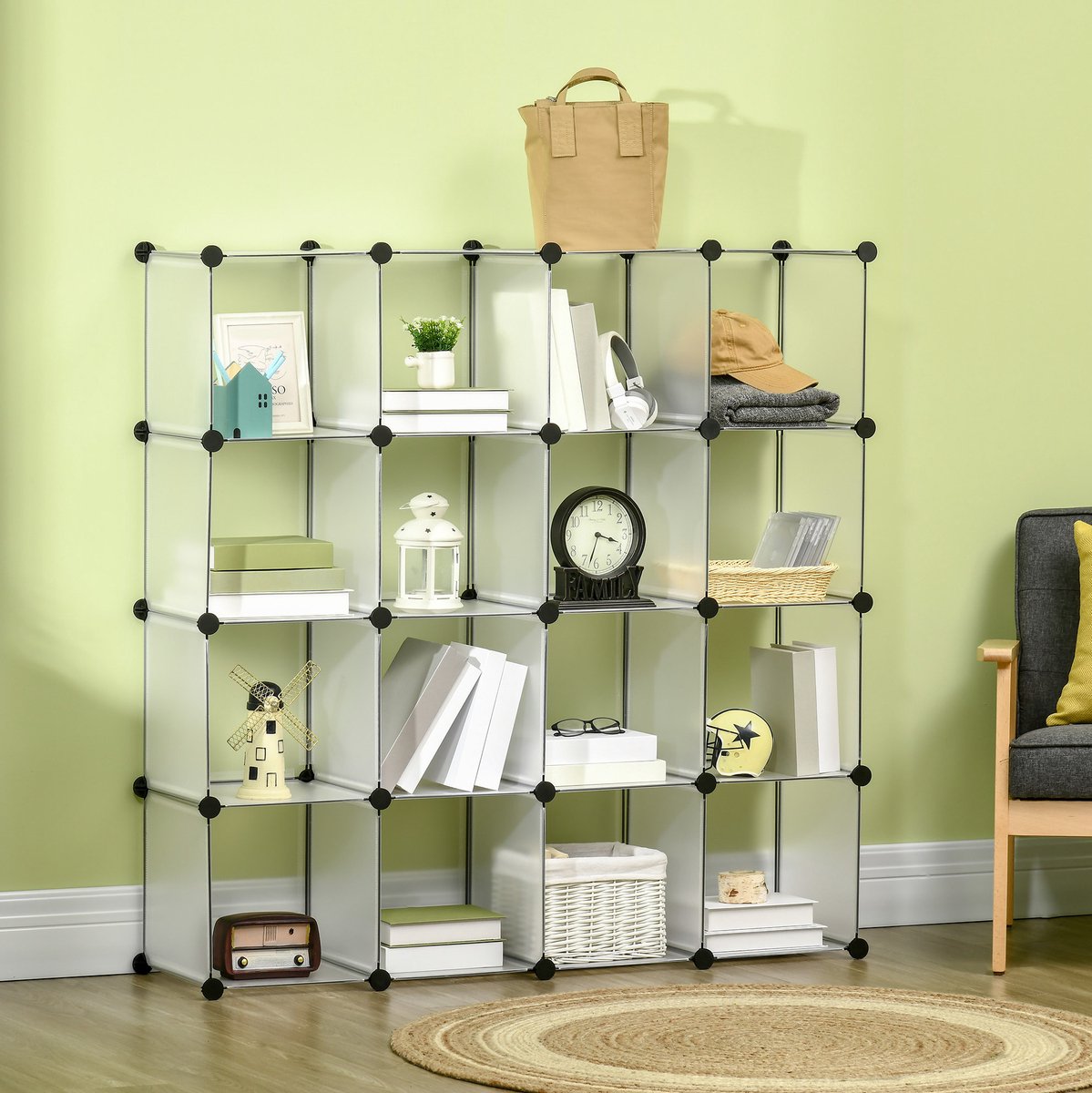 MIVRAY Vakkenkast – Modulair 16 Vakken – 125 x 32 x 125 cm – Staal en ABS – Wit – Open Opbergsysteem Voor Woonkamer En Kinderkamer