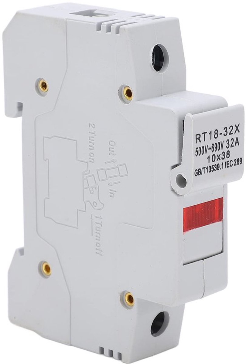 Zekeringhouder, gemonteerd op basisrail, 32 A AC 500-690 V RT18-32X 1P/2P/3P zekeringhouder met indicatielampje voor zekeringkern RO15 10 x 38 mm (1P)