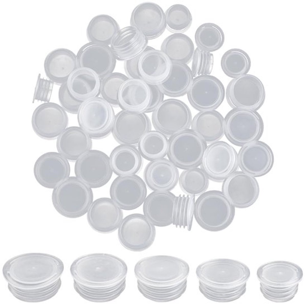 maten 50 stuks zout- en peperstrooierstoppen Ronde witte plastic stop Vervangende stop Eindkappen met treklus voor zout- en peperstrooiers Flessen Bloempotten Pijpen 1/2 tot 49/26 cm
