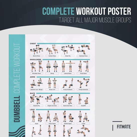 Poster "Complete Workout" met 28 dumbbell oefeningen, gelamineerd en duurzaam.