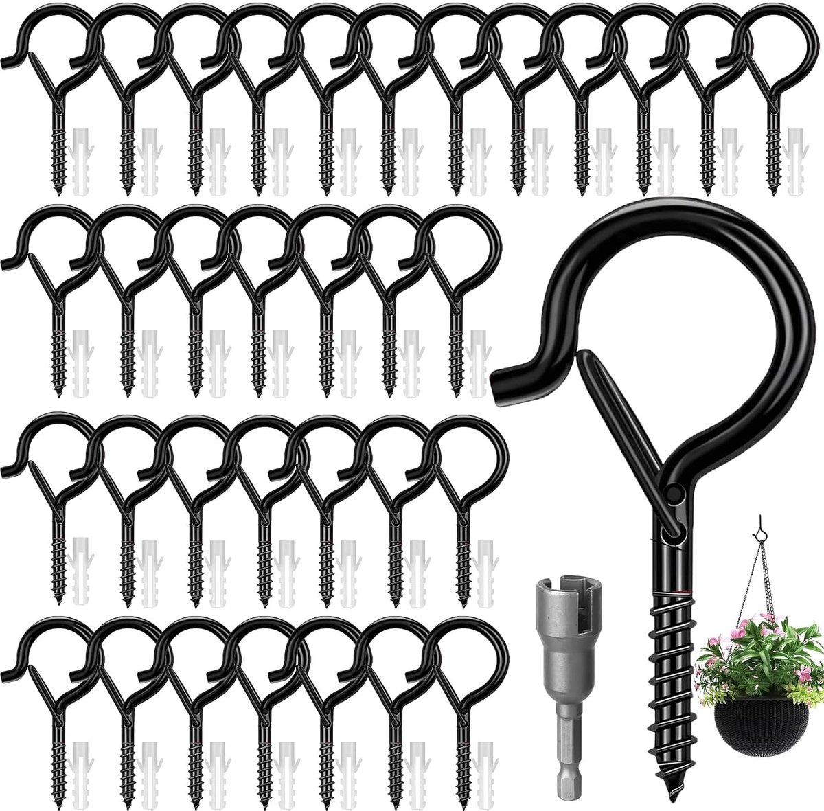Schroefhaak set 36 stuks - RVS zwart - met beveiliging - ideaal voor plantenbakken - ShopVlot