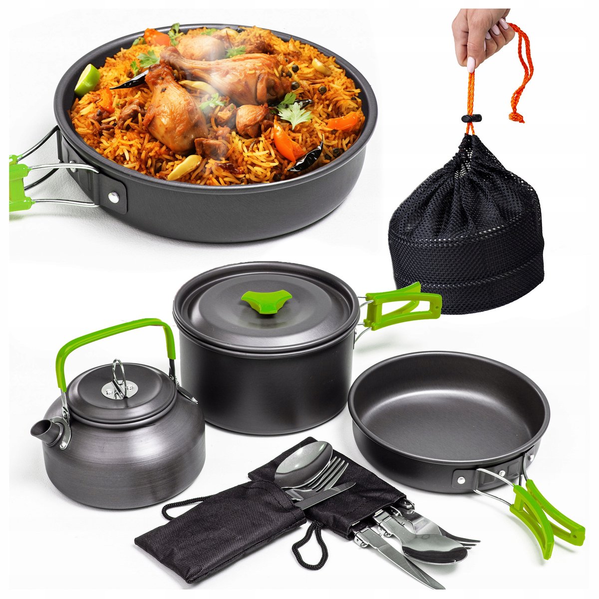 Compacte Kampeer Kookset: Pan, Pot, Ketel & Bestek