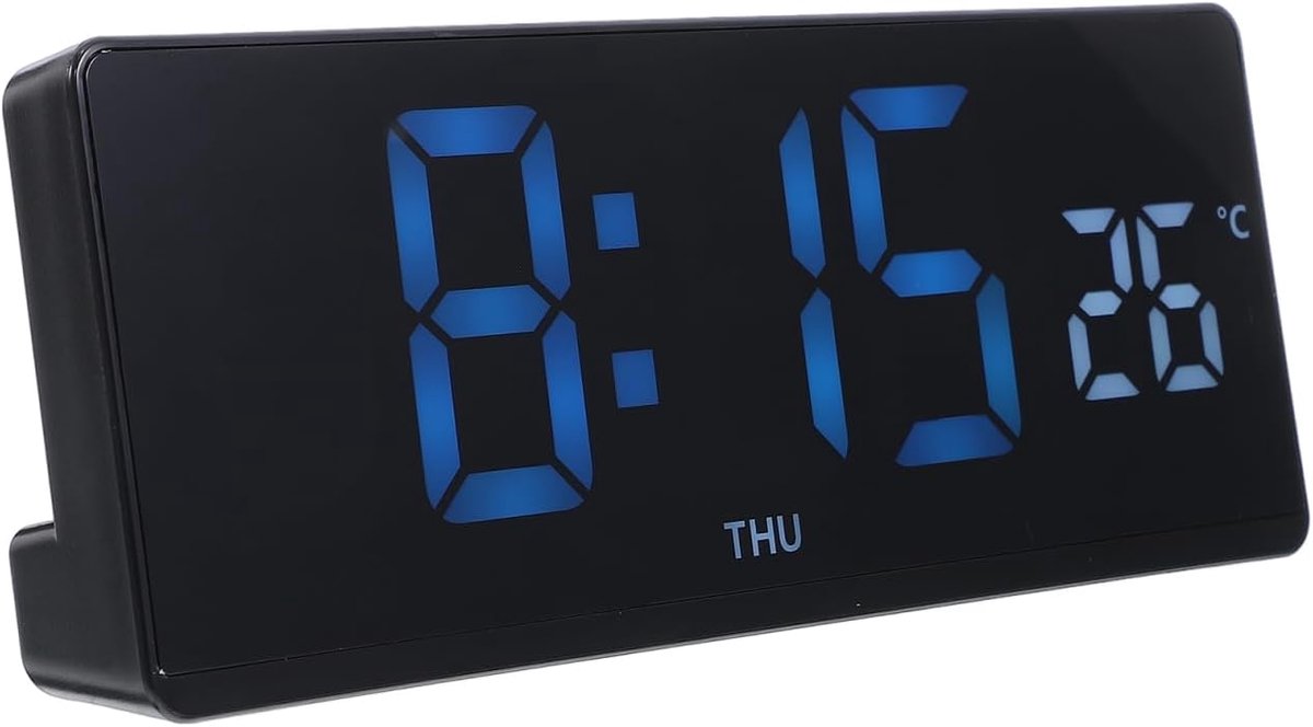 Digitale LED wekker met thermometer - zwarte uitvoering - blauw display - elegant ontwerp voor woonkamer en slaapkamer - ShopVlot