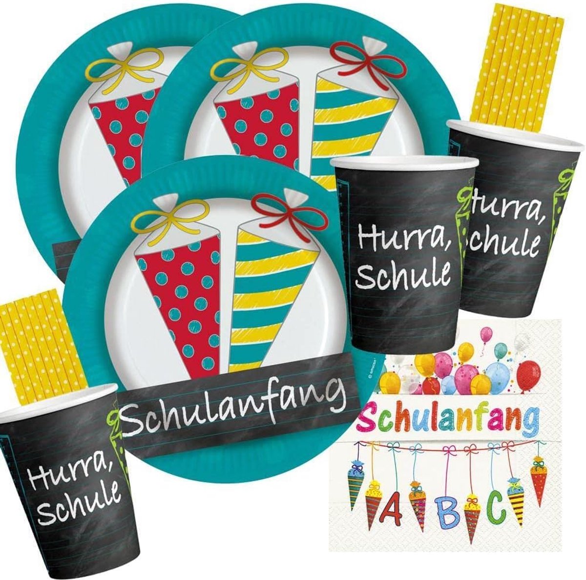 Feestset voor Eerste Schooldag - 68-delige set - Papieren borden, bekers, servetten en rietjes - ShopVlot