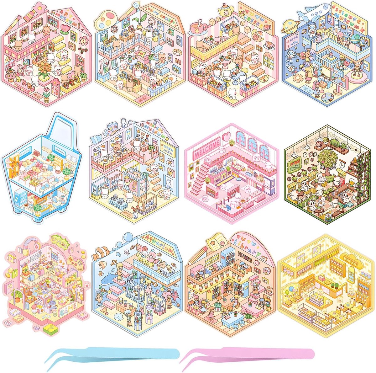 3D Home Scene Stickers - 12 Sets met 2 Pincetten - Miniatuur Scènes voor Creatief DIY - ShopVlot