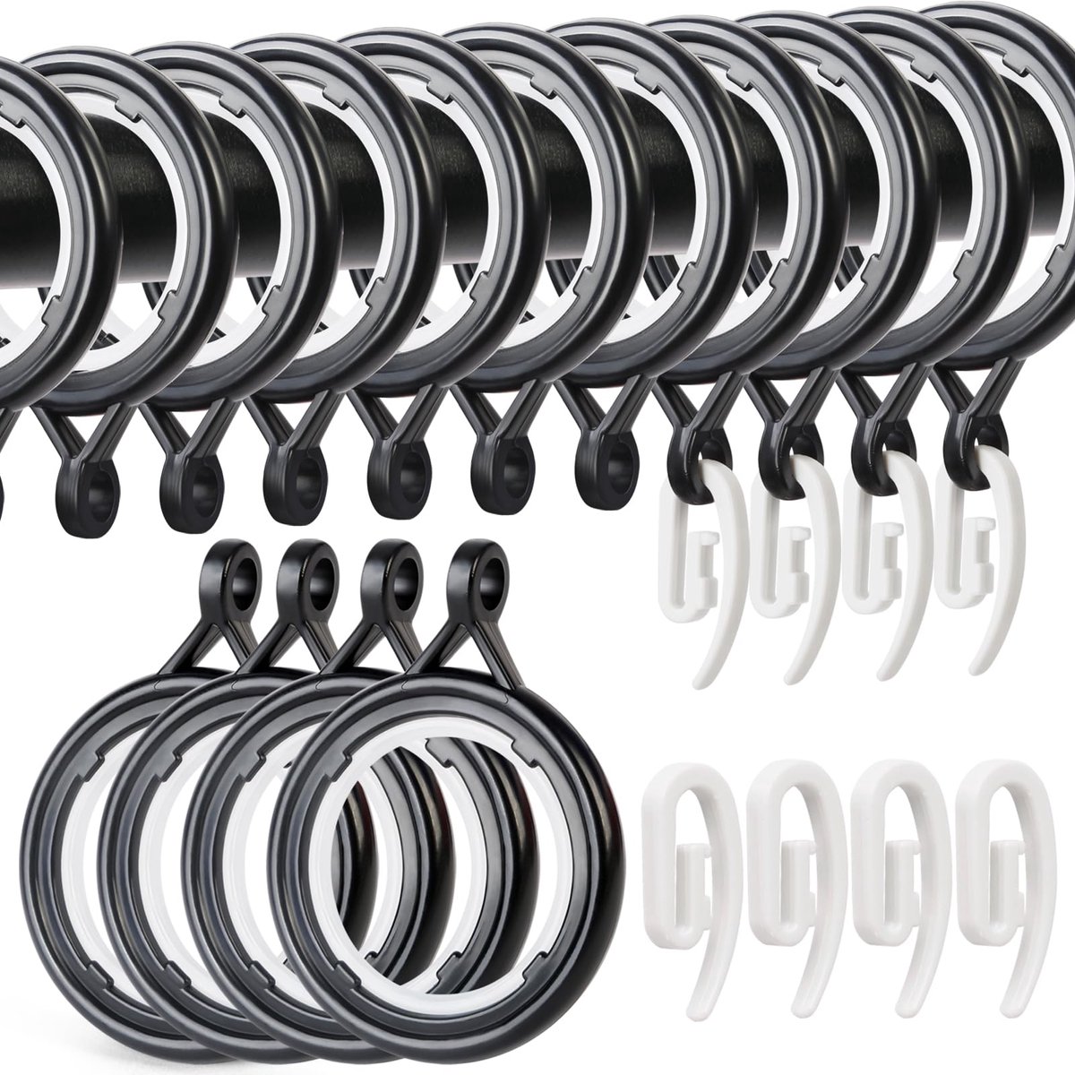 Gordijnringen 48-delig pakket - Zwarte 30mm plastic ophangringen - Inclusief haken - Perfect voor gordijnen - ShopVlot