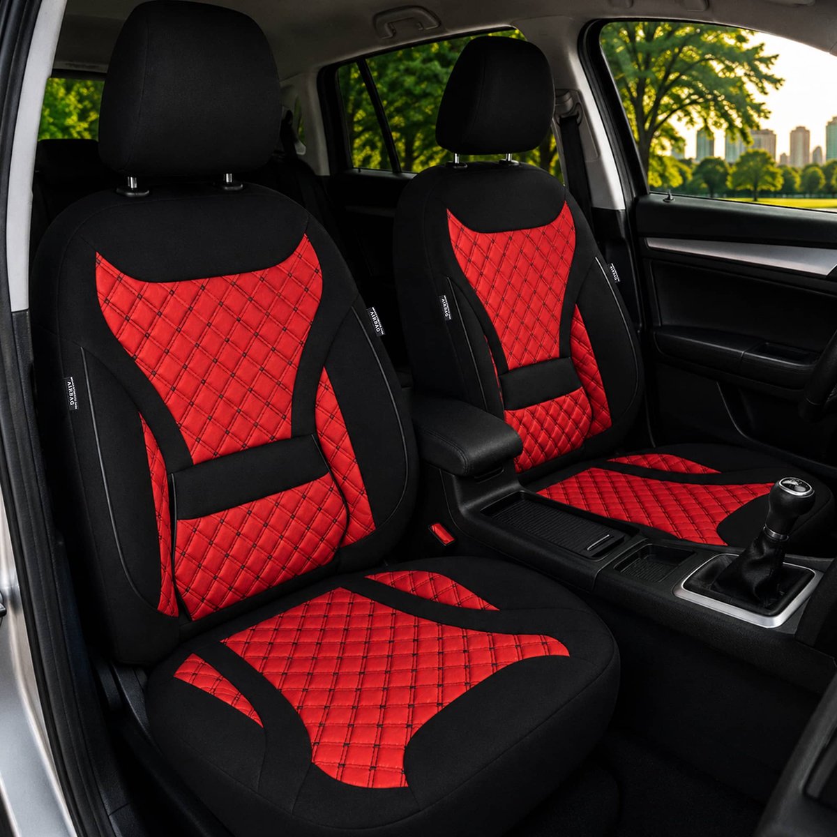 Autostoelhoezen voor Volvo XC60 BJ vanaf 2017 – Stoelhoezen voor bestuurder en passagier in Zwart/Rood