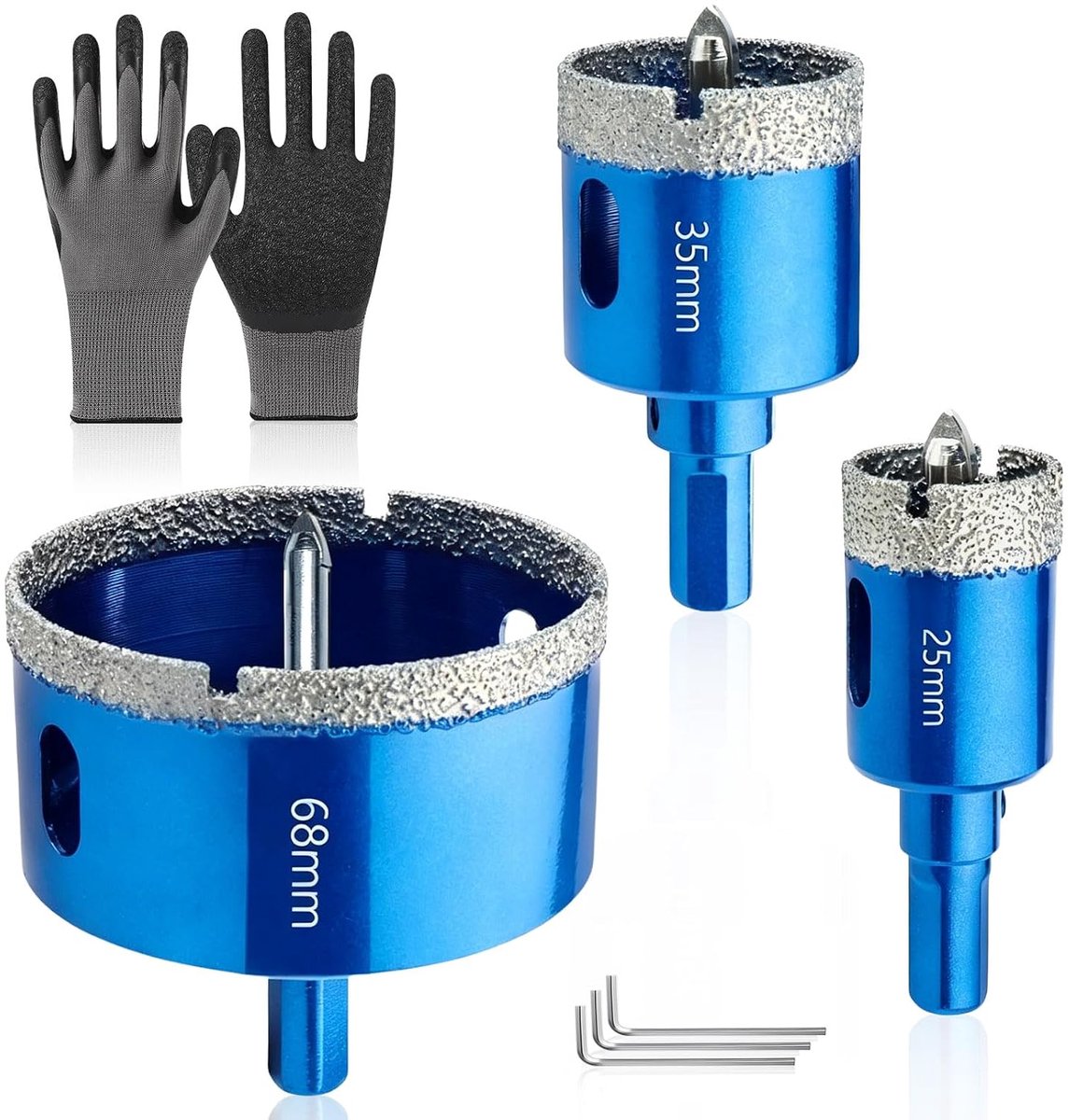 Diamantboorset tegels 3-delig - diamantgatzaag 25 35 68 mm - met centrumboren en handschoenen - precies boren in tegels - ShopVlot