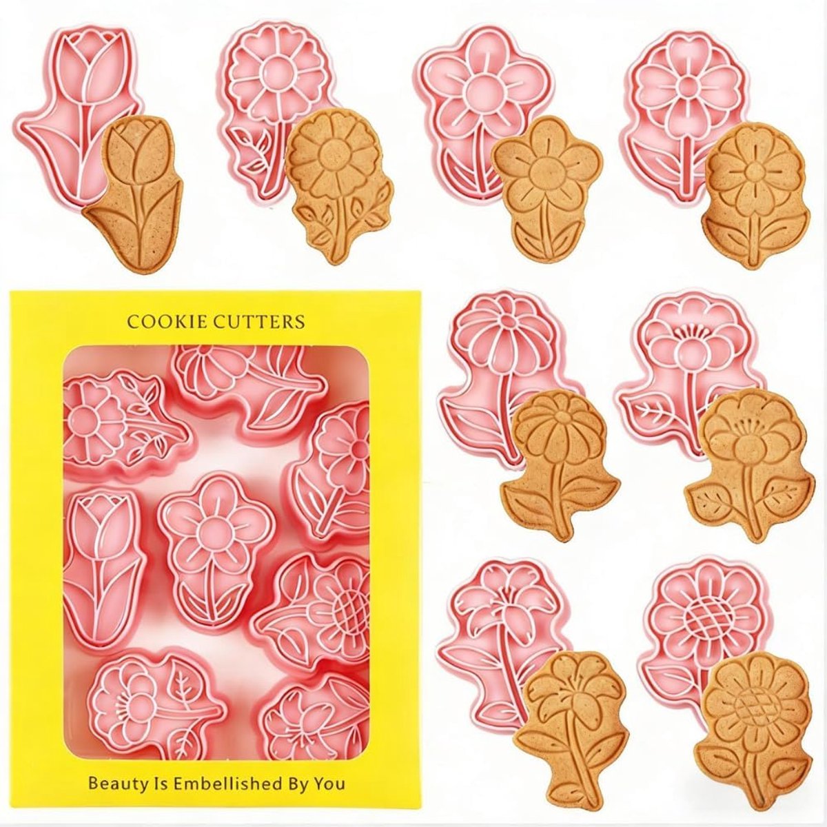 Koekjesuitsteekvormen - Set van 8 bloemen - 3D drukstempels - Perfect voor bakken - ShopVlot