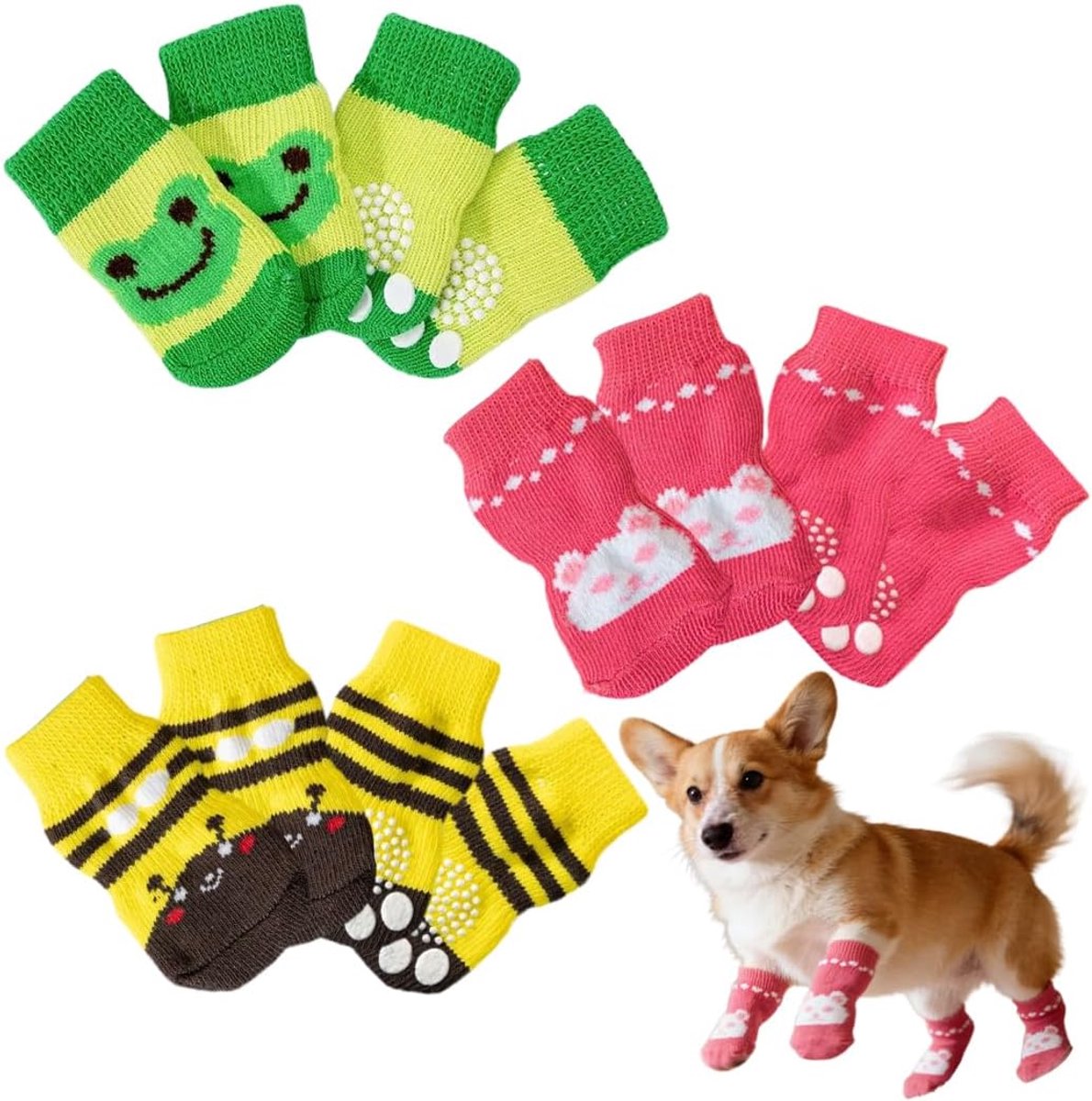 & Paw Protectors for Dogs, antislip hondensokken voor honden en katten, pootbescherming, geschikt voor kleine honden (groen, roze, geel)