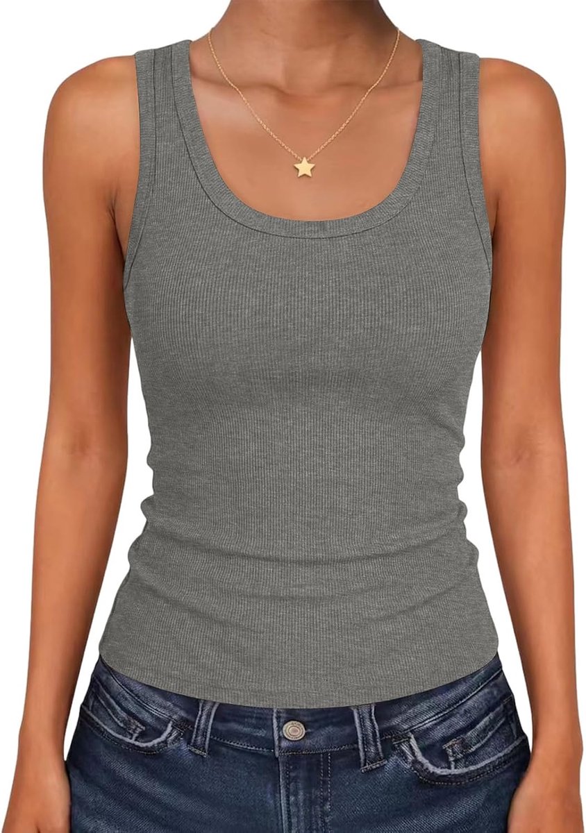 Tanktop voor dames, U-hals, geribbeld, zomer, top, effen, slim fit, casual, mouwloos bovenstuk