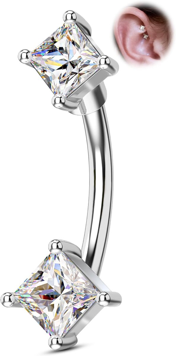 16G piercing Rook goud chirurgisch staal 316L met vierkante CZ minimalistisch gebogen voor wenkbrauwen 6/8 mm oorbel kraakbeen wenkbrauwpiercing voor dames
