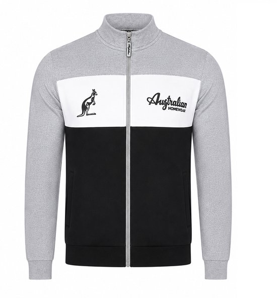 Grijze trainingsjack met een patroon, met witte en zwarte vlakken, een kangoeroe-logo en 'Australian Homewear' opdruk.