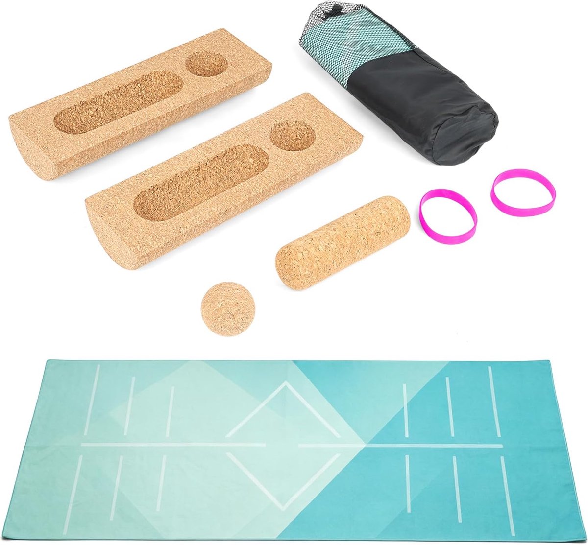 Balance Board Set met Yogamat, Roller en Voettrainer | Compleet kurk balans trainingsset met yogamat, massagebal, roller en tenen stretchbanden voor yoga en fitness