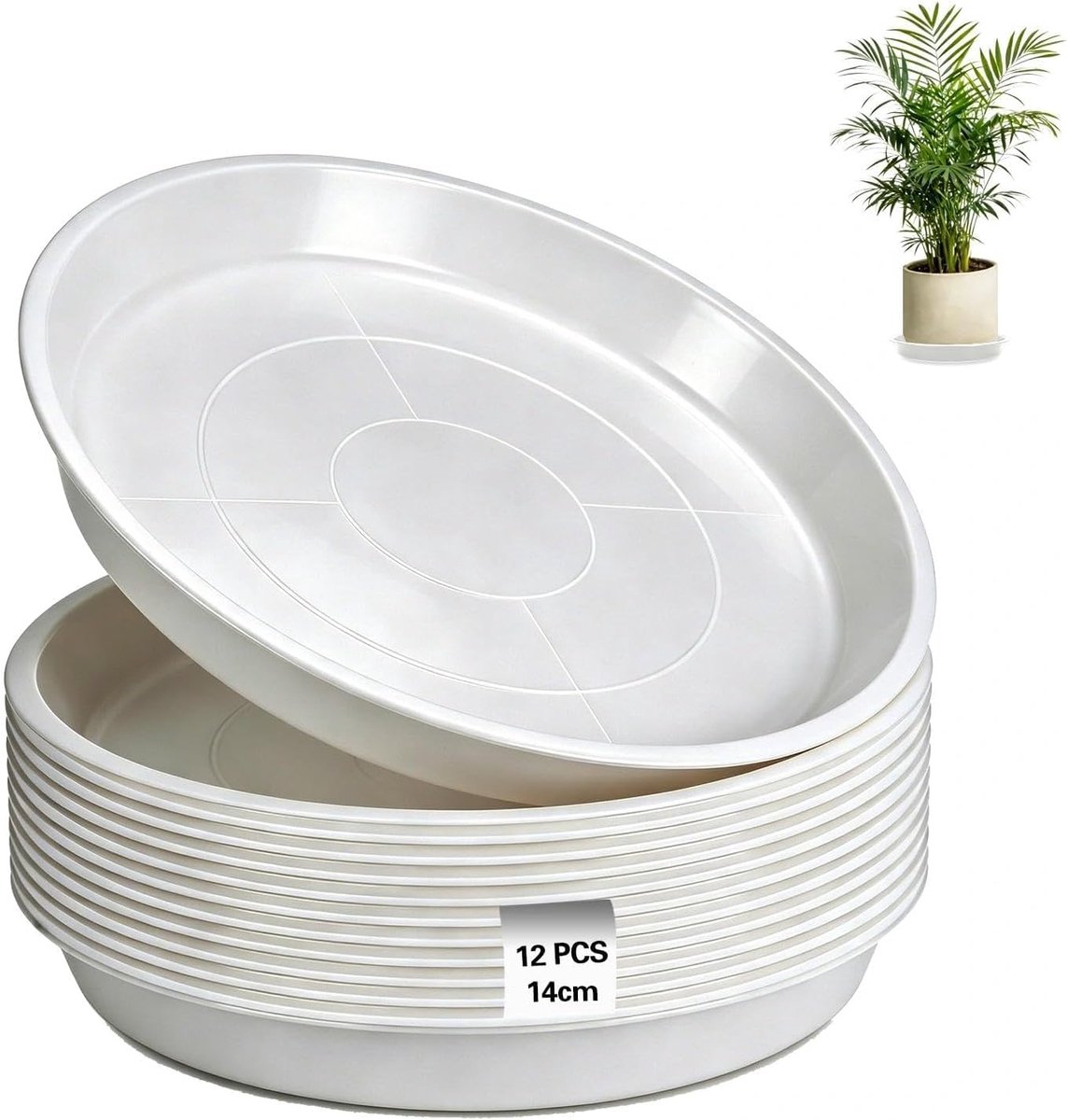 12 stuks bloempotonderzetters 14 cm plantenonderzetters rond | Bloempotonderzetter, wit, onderzetter, bloempot, kunststof onderzetter, plantenonderzetter, voor tuin, balkon