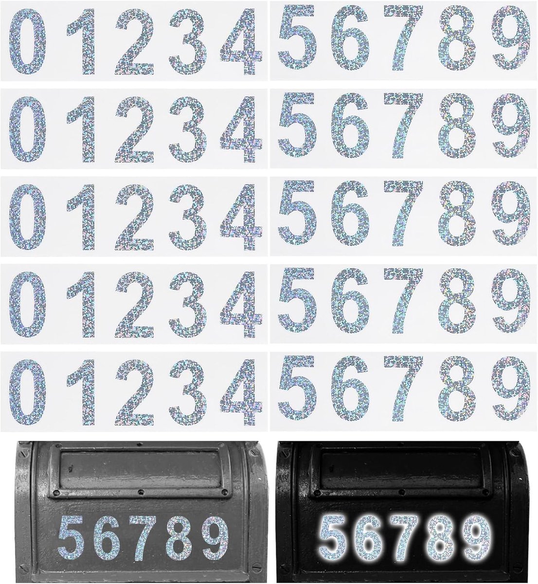 Reflecterende brievenbusnummers, 5 sets 7,5 cm waterdichte laserbrievenbusnummers voor buiten, zelfklevende nummerstickers voor brievenbus, adresnummers, huis