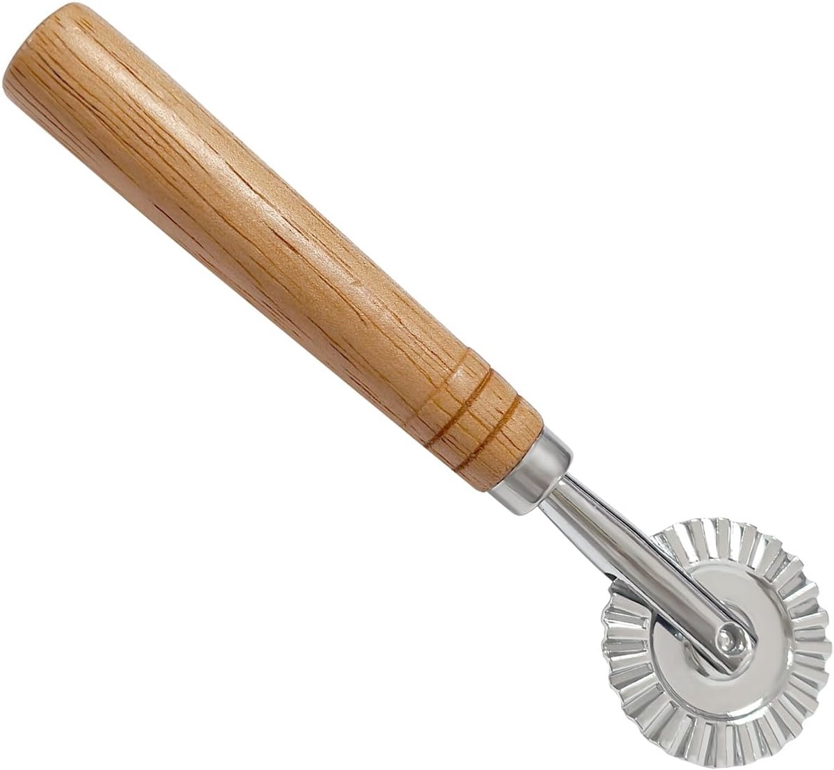 Deegsnijder, deegsnijder, deegsnijder, gegolfd, getande deegraad, geribbelde rand, roestvrij staal, draagbaar, raviolissnijder, rolsnijder met lange houten handgreep, voor keuken en