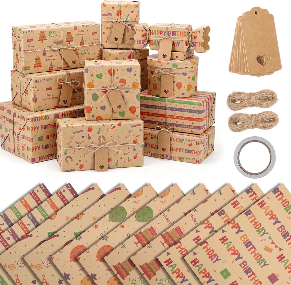 Cadeaupapier voor verjaardag 10 vellen - kraftpapier - met hangers en henneptouwen - SnelShoppen