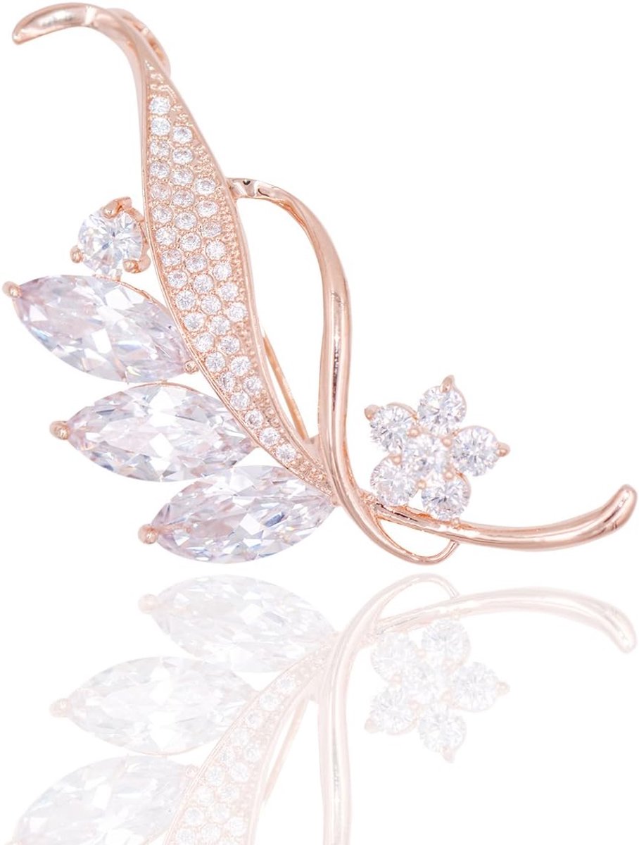 Zilveren broche voor dames, 18K verguld, witte zirkonia, bloemmotief, trouwjurken of avondkleding, Roestvrij staal, roségoud, zirkonia, zilver