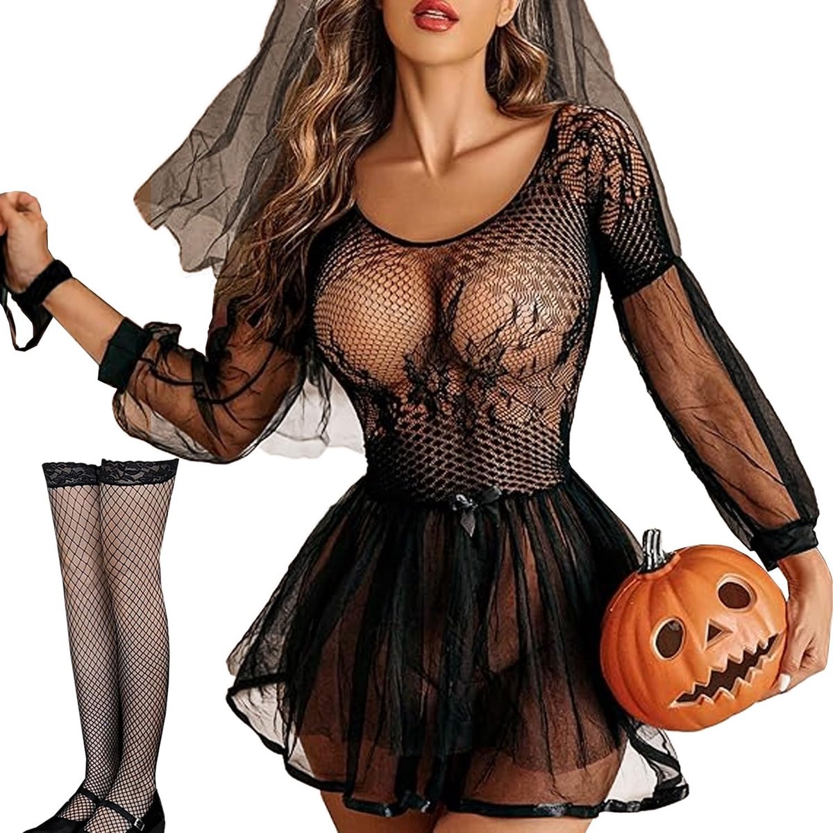 Dameslingerieset, kant, met kousen, 2-delig, nachtkleding van tule, sexy, transparant, nachtkleding, mini-jurk, babydoll
