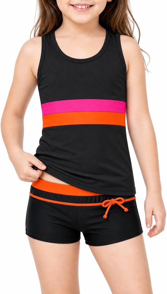 Tankini-badpak voor meisjes, 2-delig, sportieve badmode, mouwloos, racerback-top en zwemshort, gestreept badpak voor kinderen van 5-12 jaar
