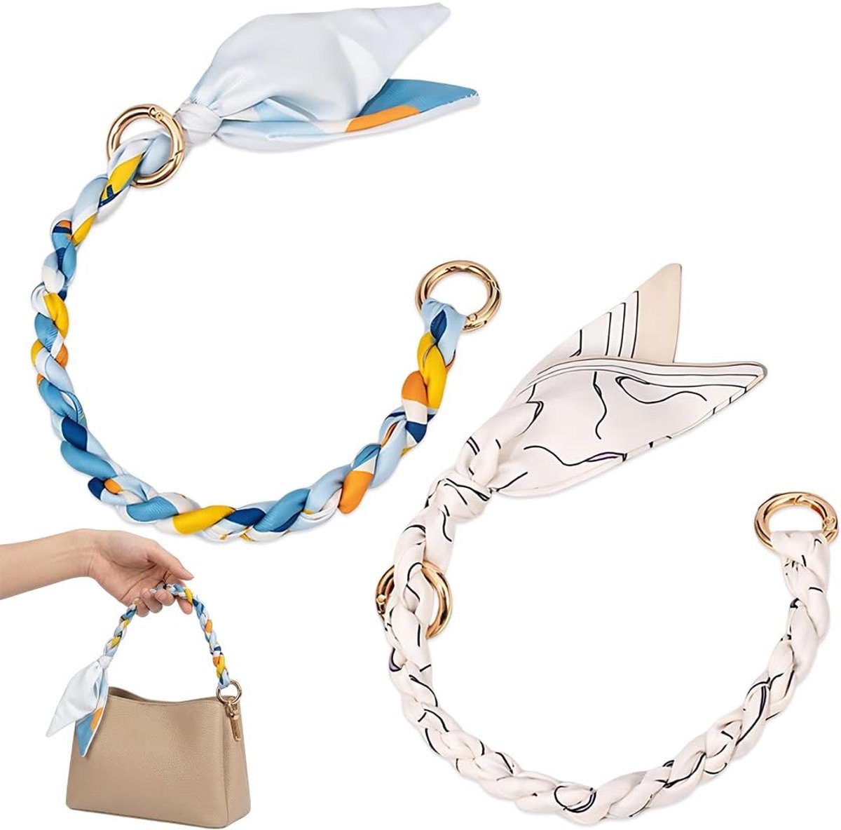 Set van 2 uittrekbare zakkettingen, gevlochten stoffen handvat met goudkleurige metalen ketting, 25 cm, met karabijnhaken, voor schoudertas, clutch