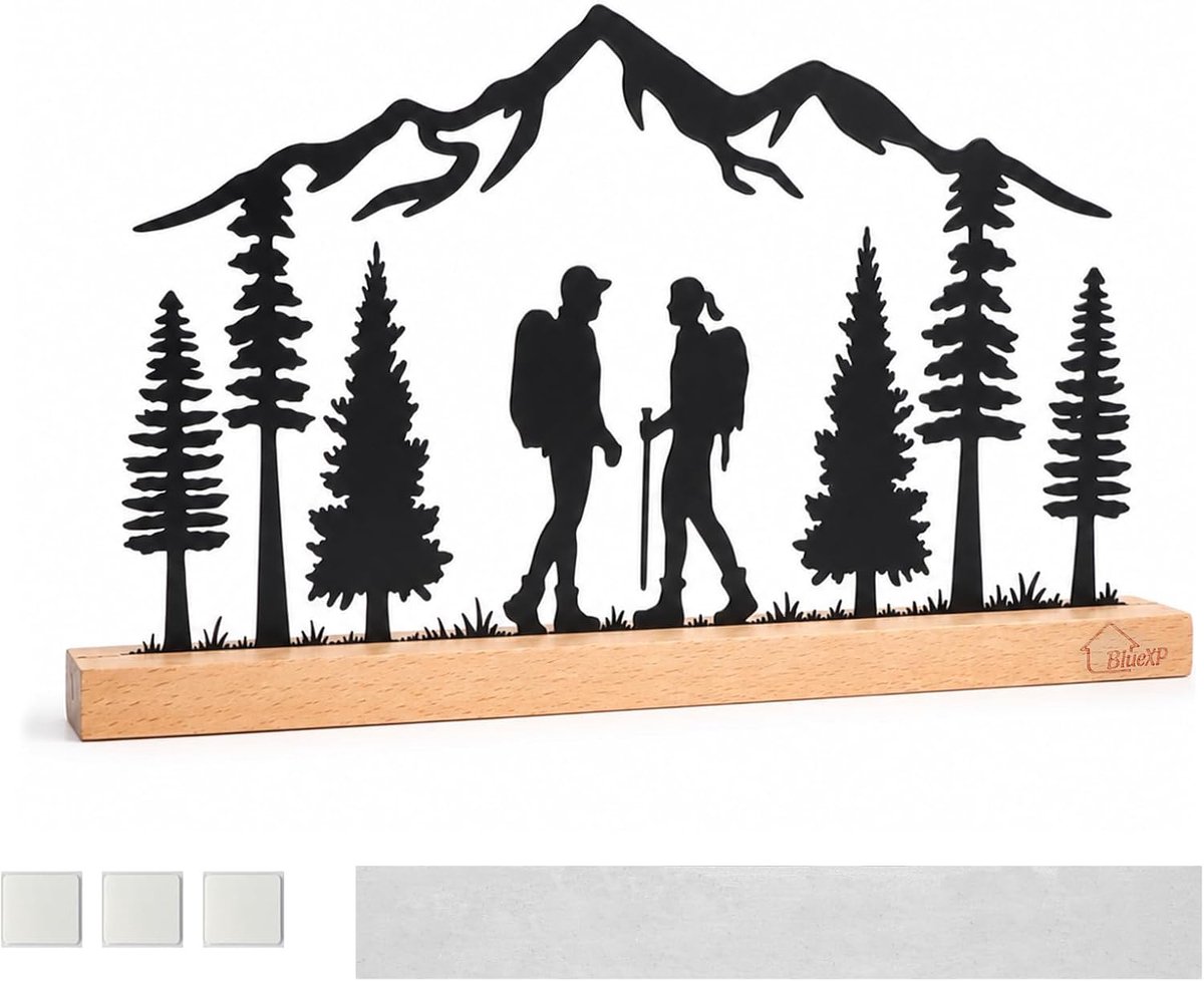 Decoratie Metaal met Houten Sokkel Berglandschap | Stijlvolle tafeldecoratie met wandelpaar perfect cadeau voor wandelaars outdoorfans en bergliefhebbers
