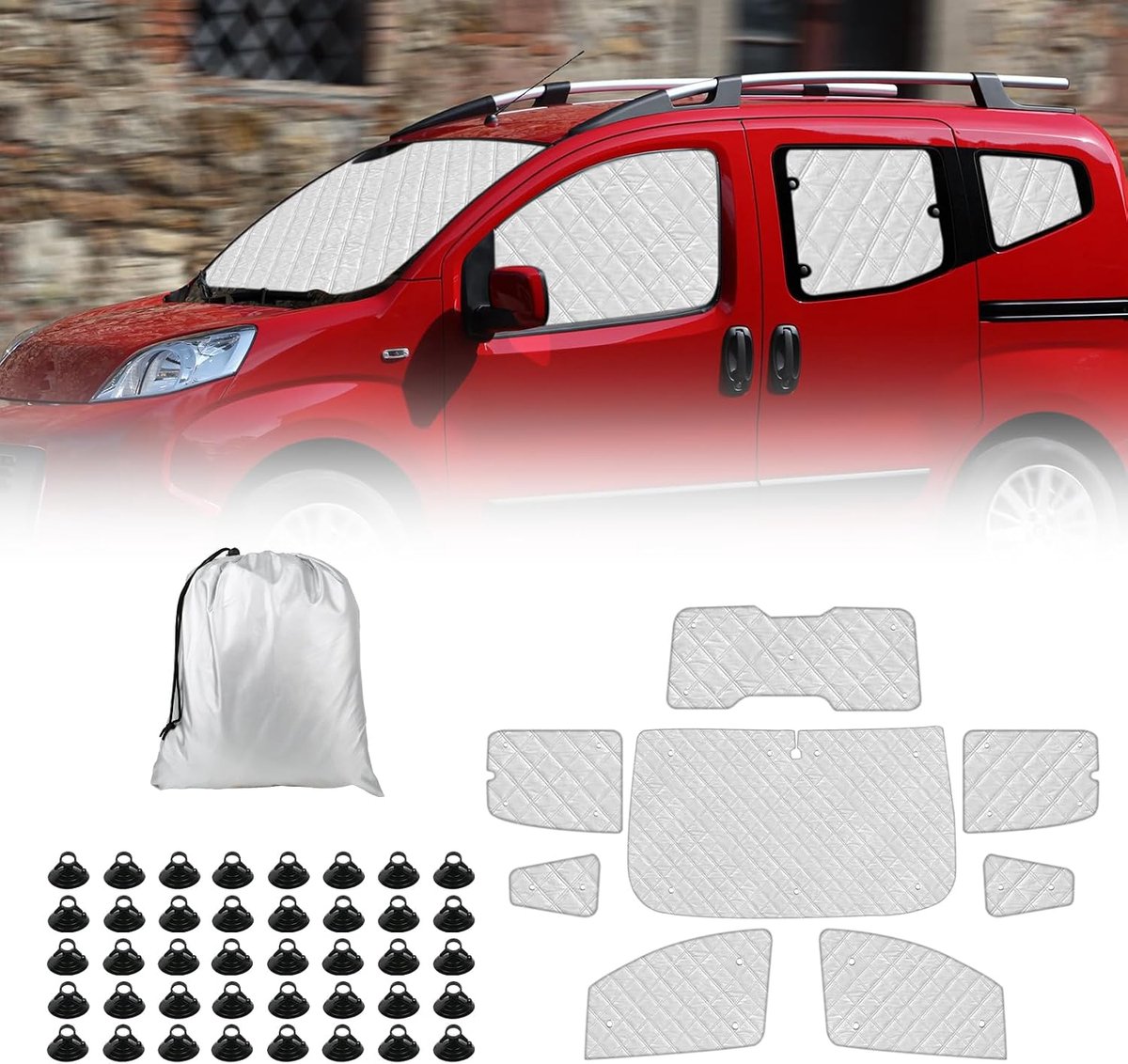 Voorruit, vervanging voor Fiat Fiorino/Qubo/Peugeot Bipper/Citroen Nemo III 2007-2026, thermische mat met technologie, opvouwbare zonneklep van aluminiumfolie, 8 stuks