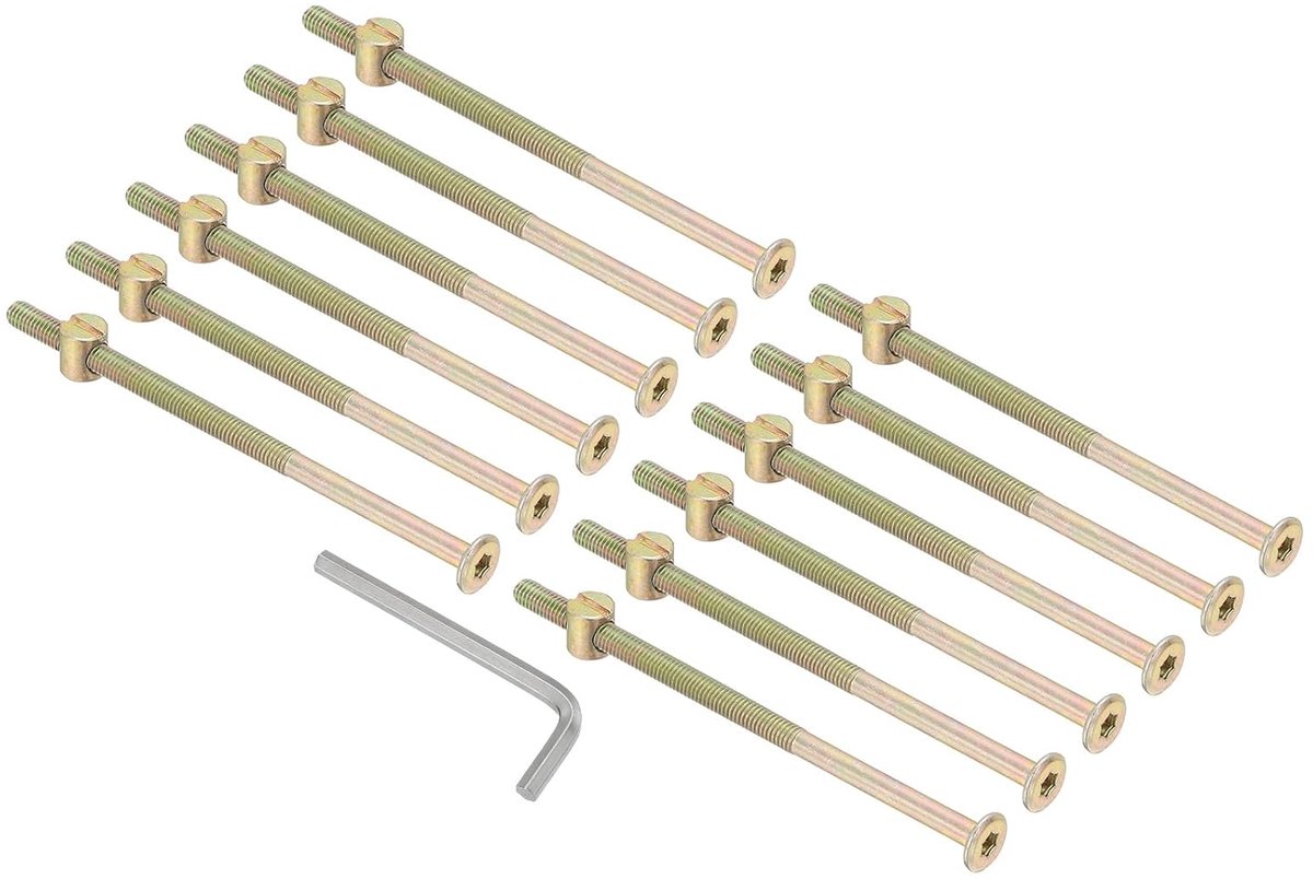 Stokbedschroeven M6 x 120 mm, 12 stuks met zeshoekige geleiding, binnenzeskantschroeven, set met 1 sleutel voor bedmeubels, kleur verzinkt