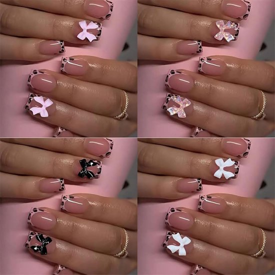 96-delige set met kunstmatige nagels in French tip design, korte vierkante nagels, roze luipaardprint, strikjes en manicuredecoratie — afbeelding 2