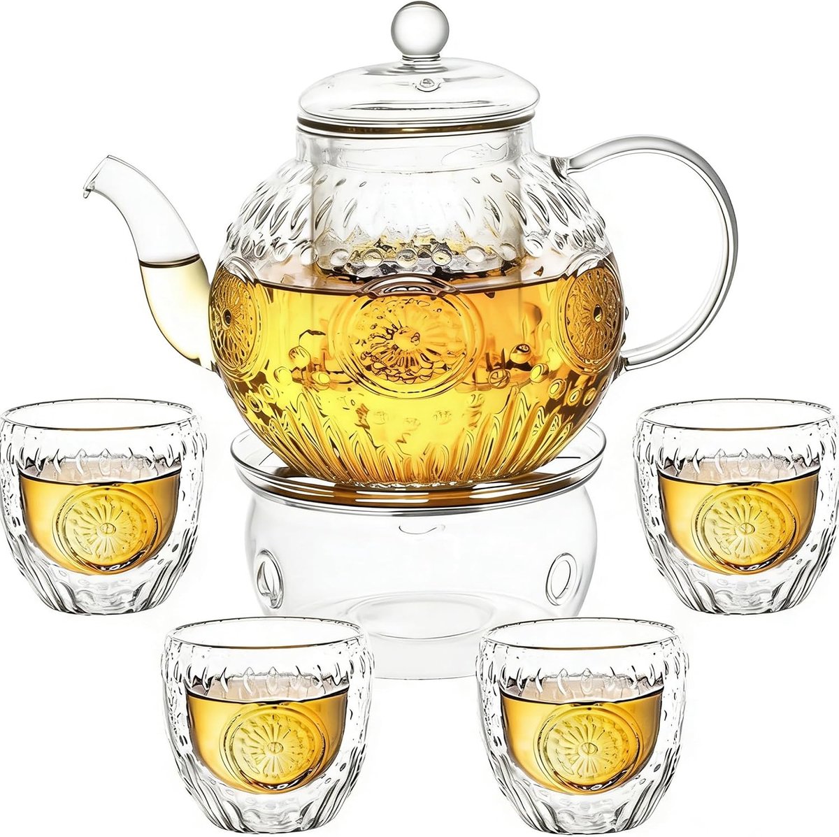 1000 ml glazen theepot met filterinzet, theepot met warmhouder en 4 theekopjes, theeservies van borosilicaatglas, drupvrije glas theewarmer, glazen kan voor thee en melk – Perfect voor thuis en café