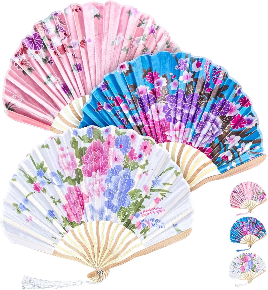 Set van 3 opvouwbare waaiers van bamboe en stof met kwastjes, Japanse stijl, yisight handwaaier voor bruiloft, feest, decoratie, cadeau