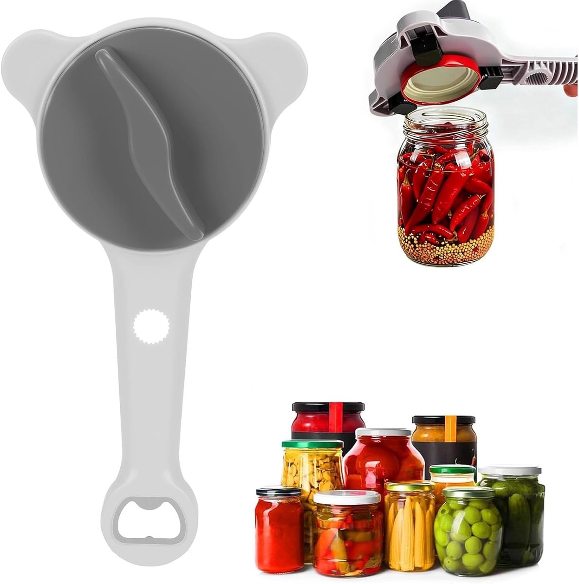 4-in-1 multifunctionele glasopener, verstelbaar 2,5-9 cm, flesopener voor senioren en artritis, gemakkelijk openen van glazen, flessen en schroefdoppen (grijs)
