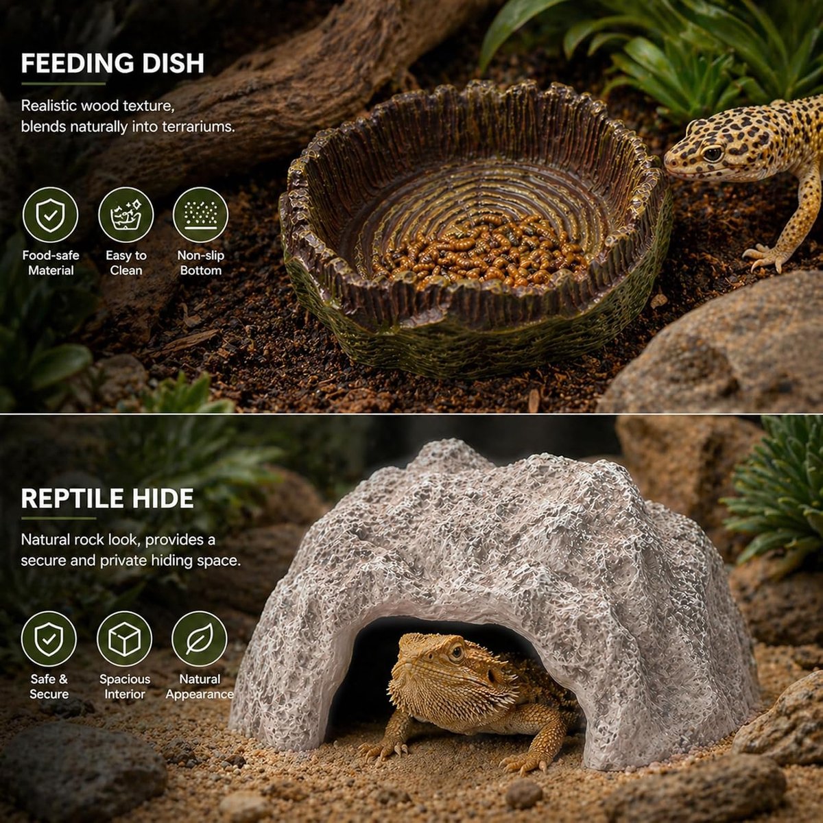 2 stuks reptielenstenen, verstopplaats voor reptielen met voederbak | Terrariumhol, hars, schuildpadden, reptielen, verstopgrot, voor aquarium, decoratie, hagedissen, vissen, amfibieën