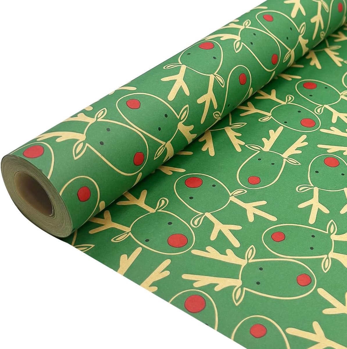 inpakpapier rol voor cadeau: groen kraftpapier met eland feestelijk ontwerp recyclebaar 43 cm x 15 m inpakpapier voor kerstcadeau