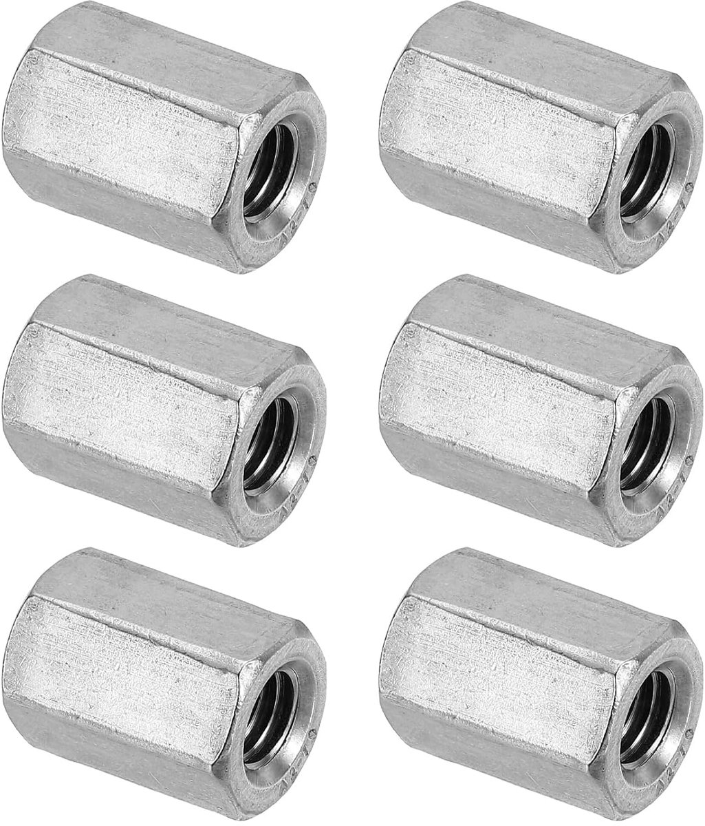 304 roestvrij staal zeshoekige koppelingsmoeren, schroefdraad M10 x 1,5, 6 stuks, lengte 25 mm/1 inch, volledige schroefdraadkoppelingsmoeren, zilvertint