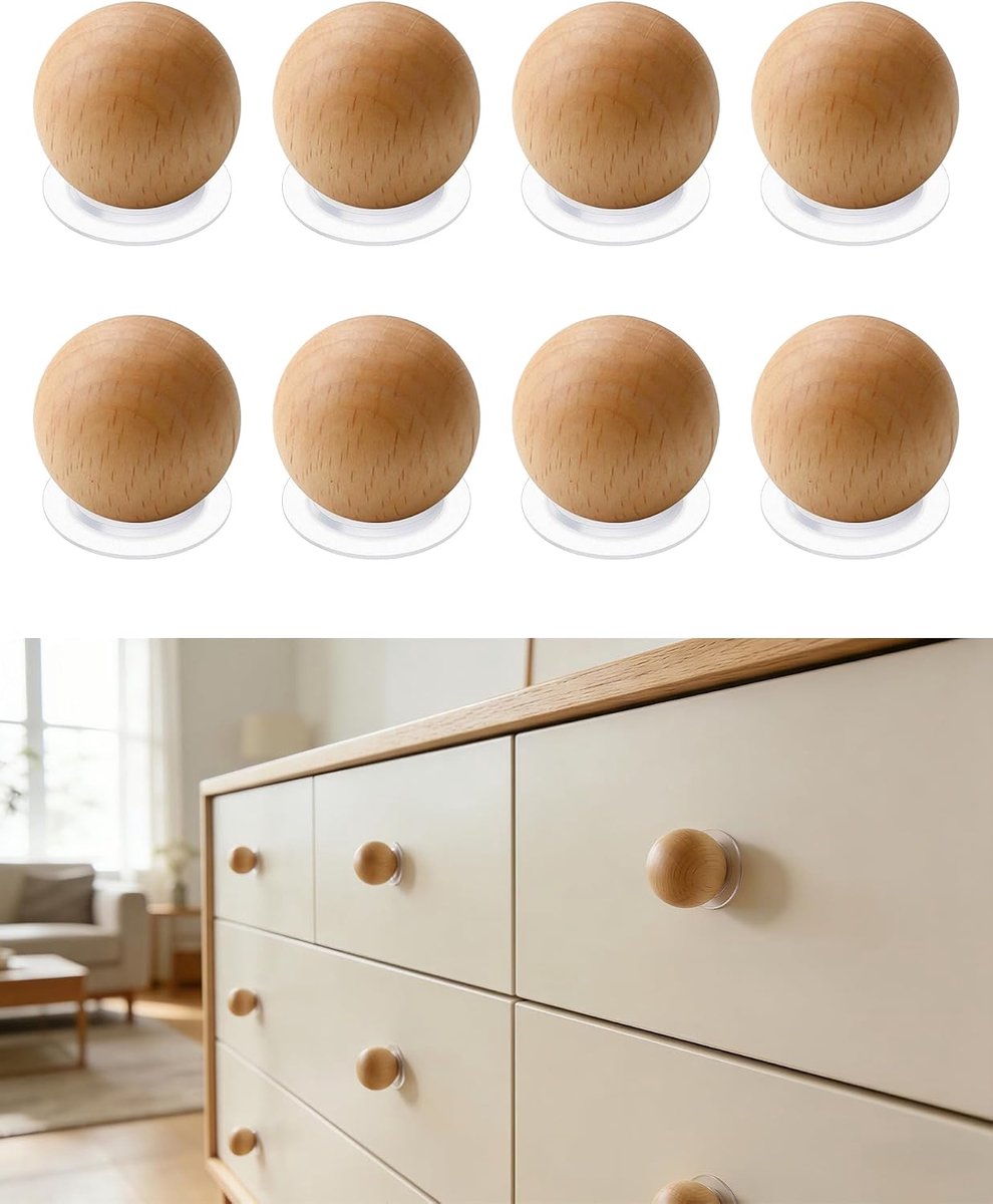 Set van 8 zelfklevende knoppen, houten stok op lade, natuurlijke houten kastknoppen, pel-en-plak handgrepen, boorvrij, ronde bal, houten deur, trekkracht voor kast, kast, kinderkamer
