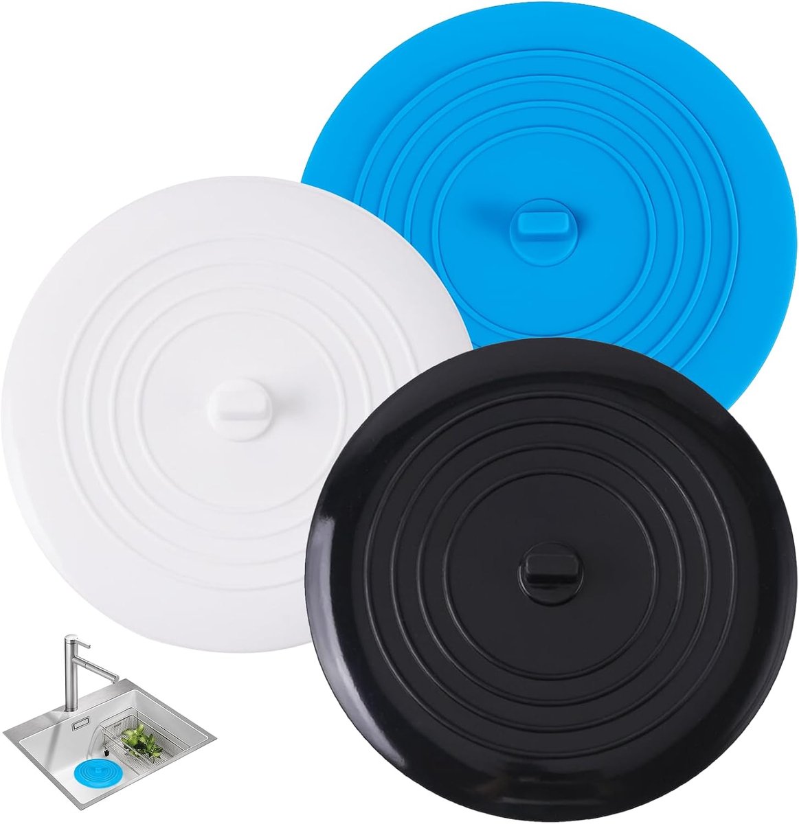 3 stuks siliconen universele stops, stop voor gootsteen, afvoerstop keukenspoelbak, geschikt voor wastafel en afvoer (wit, zwart, blauw)