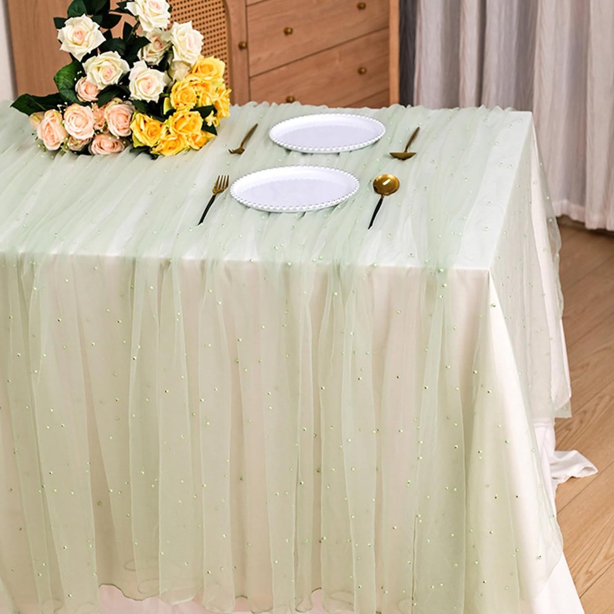 2 Stuks Kant Tafelkleed, 160 x 100 cm Plastic Lichtgroen Parel Tafelloper Tule Tafelkleed, Chiffon Tafelloper voor Bruiloft Sluiers Jurken Gordijnen Tabel Kleding